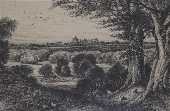Follower of David Lucas (1802-1881), pen and ink, view of Windsor Castle, 16 x 23cm